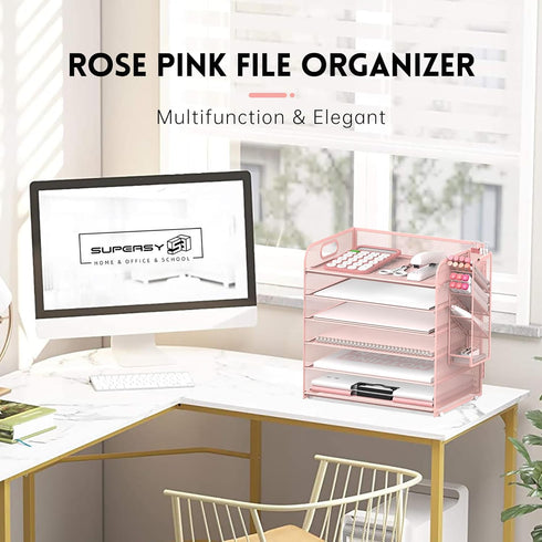 SUPEASY 6 Tier Paper Organizer - 4 Pen Holders, Mesh Desk Organizer Letter Tray with Handle for A4 File Folder