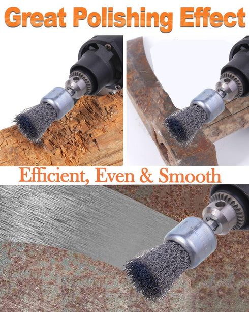 30 Pack 1/4-Inch 3 Rocaris Carbon Steel Wire Wheel Brush with Hex Shank, Pen Brush, for Rust Removal, Corrosion