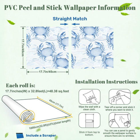 Kanworse 17.7"x394" Peel and Stick Wallpaper Blue Crab Watercolor Soft Waves Delicate Details Contact Paper Removable