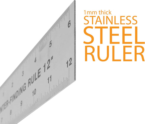 Stainless Steel Center Finding Ruler, Ideal for Woodworking, Metal Work, Construction (12" Ruler)