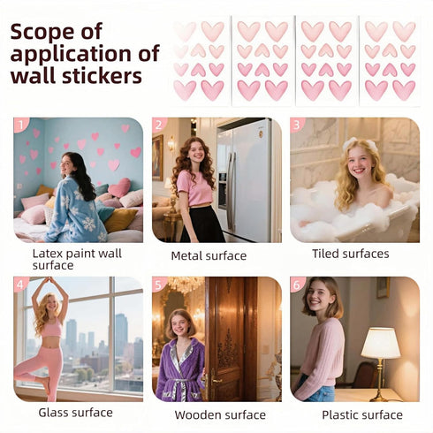 BUBBLE-FLY 60 Pcs Pink Heart Wall Decals, Repositionable PVC Wall Decals for Girls Room, Nursery, Bedroom, Living Room
