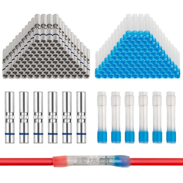 JRready 100 Sets IP68 Waterproof Crimp Connectors, 20-16 AWG Blue Butt Connectors, Tinned Copper