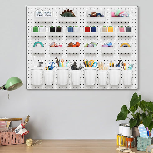 Roowest 60 Pcs Pegboard Cups Set, Wall Organizer with Hooks and Loops for Office Storage, Garage, Craft Workshop, White