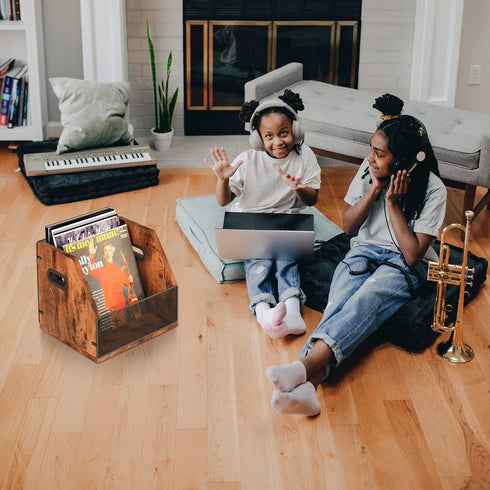Homeiju Vinyl Record Storage, Metal & Wooden LP Record Crate, Holds up to 60 Records, Desktop Box Case