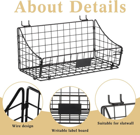 4 Pcs Slatwall Baskets with Hooks, Black Wire Hanging Basket Storage for Pantry Kitchen Garage