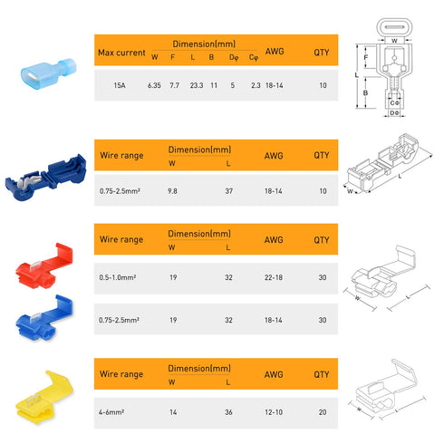 Nilight 100PCS Quick Splice Solderless Wire and T-Tap Electrical Connectors, 22-18 AWG Assortment Kit