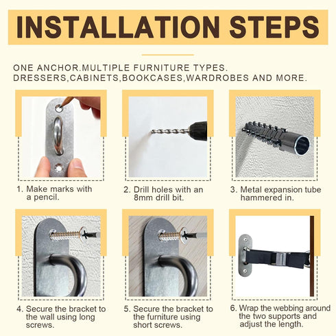 Sduphs 304 1,000 lbs Countertops Stainless Steel Anti-Tip Furniture Anchors Heavy-Duty Wall Straps for Baby Proofing