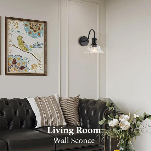 MKonpeny 1 Pack Bathroom Wall Sconce, Black Wall Lamp with Pressed Patterned Glass Lampshade, Farmhouse Wall Light