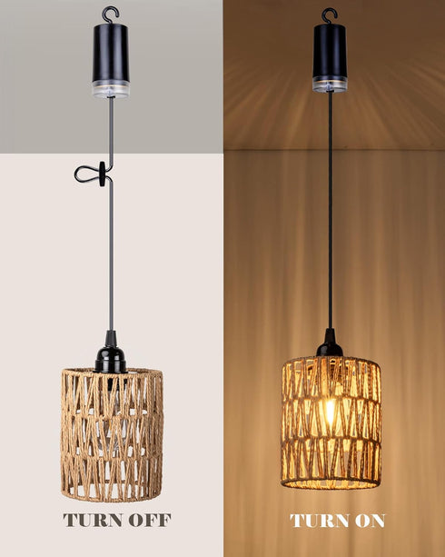 Bulb, 4*AA (2) Battery Operated Chandelier, Battery Hanging Pendant Light, Rattan Lights with Warm White Battery