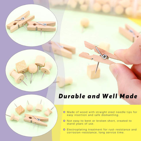 Swpeet 135Pcs Wood Push Pins Assortment Kit, Wooden Head Pins Steel Thumb Tacks for Cork Boards and Crafts
