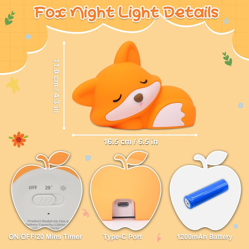 Dimmable 20 Fox Night Light for Kids, Cute Silicone Lamp with Mins Timer, Squishy Animal Nightlight Kids Bedside