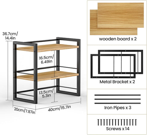 Office Desk Shelf Organizer, Wood Desktop Bookshelf Supplies Storage Rack, 2 Tier Shelf for Desk and Dresser (Black)