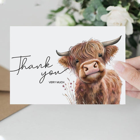 50 Pack 4x6 Highland Cow Thank You Cards with Envelopes, In Farm Design Greeting Cards Sympathy Cards Bulk for Wedding