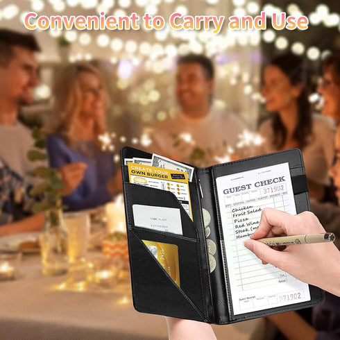 Mxfdegf 7 Server Book for Waitress, Waiter Book Server Wallet Fit Serving Aprons, PU Leather with Zipper and Large