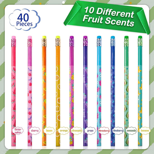 Outus 40 Pieces Scented Pencils with Eraser HB Pencils Graphite Pencil Cylinder Wood Pencils with Fruit Elements School Stationery Party Reward Supplies for Girls and Boys, 10 Styles (Fruit Style) by Outus