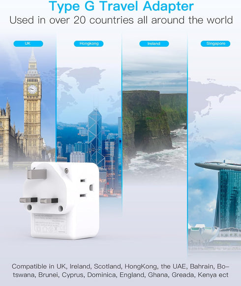 US to UK Ireland Travel Plug Adapter, Type G Power Plug with 3 Outlets and 3 USB Ports for USA to England, Scotland