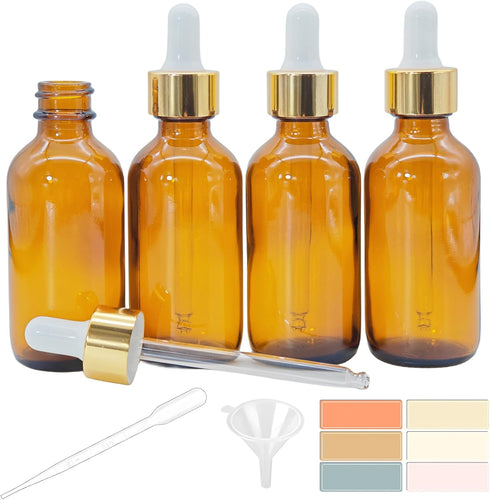 4 PACK 2 oz Dropper Bottle with Funnel, Labels & Long Pipette, 60 ml Amber Glass for Essential Oils