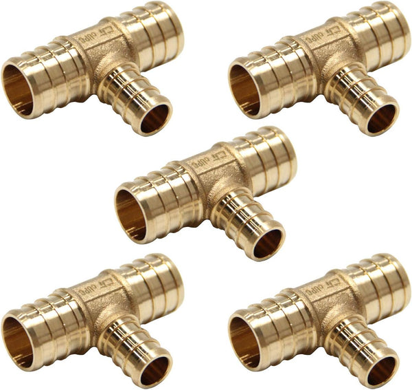 (Pack of 5) Efield 3/4" x 3/4" x 1/2" Pex Reducing Tee Brass Barb Crimp Fittings