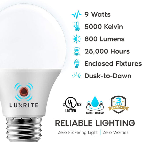 LUXRITE A19 LED Dusk to Dawn Light Bulbs, 60 Watt Equivalent, Automatic On Off Sensor, 5000K Bright White, 4 Pack