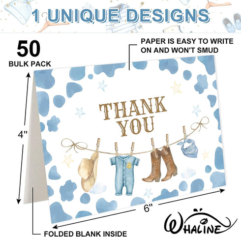 50 Pack Whaline Western Cowboy Baby Shower Thank You Card Boxed Blue Cow Print Baby Clothes Greeting Cards
