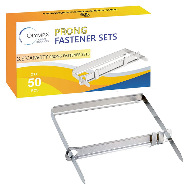 OLYMPX 50 Pcs Premium Metal Prong Paper Fastener Set, 3.5” Capacity with Standard 2-Hole Punch Compressor