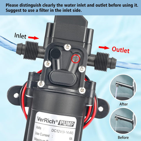 VerRich 12V Diaphragm Pump, 70W 6A Intelligent Self Priming Sprayer Pump, 6 L/Min 0.9MPA 131 PSI for RV, Camper,