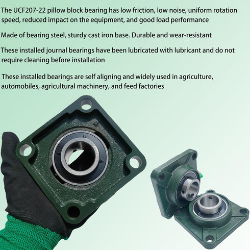 2 Pack UCF207-22 Pillow Block Bearing, Square Flange 4 Bolt Mounted, 1-3/8" Bore, Solid Cast Iron Base