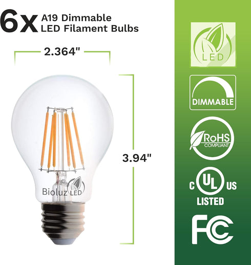 Bioluz LED 92 CRI E26 LED Bulb, 60 Watt Dimmable Edison Bulbs, Warm White Clear, UL Listed, 6-Pack
