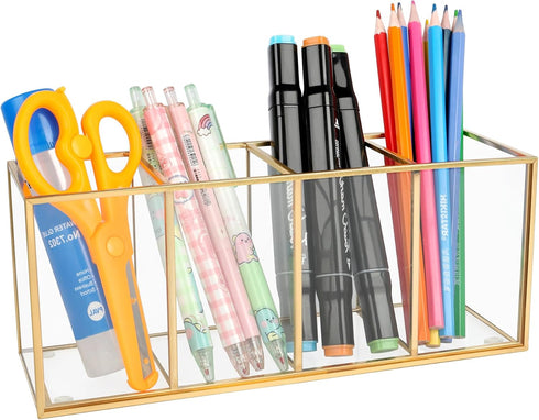 Pencil Holder for Desk, Tempered Glass Pen Holder, 3&4 Compartments Desktop Storage Organizer for Office Supplies