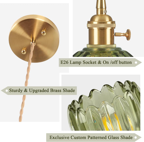 5.1Inch E26 Pendant Light Fixtures,Mini Hanging Lights Green Glass Vintage Pendant Light Hanging Light Adjustable