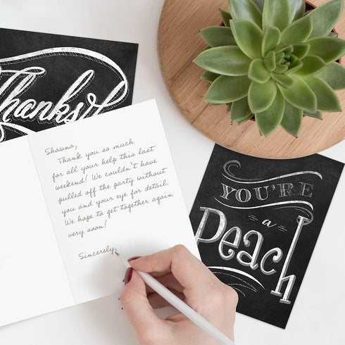 Retro Chalkboard Thank You Card Pack, 36 Greeting Cards with Brown Kraft Envelopes, Vintage Designs
