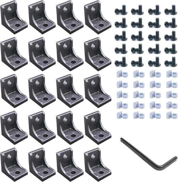 20 Sets Black 1010 Series Aluminum Extrusion Connectors, 20 pcs Corner Brackets with 40 pcs T Nuts and Screws