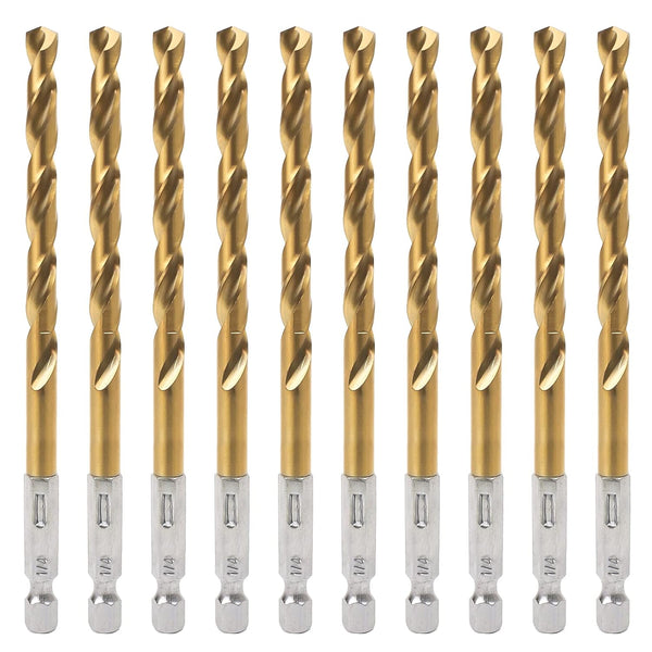 Hex Shank Drill Bits Set - 10Pcs 1/4 Inch Premium HSS Titanium Impact Bits for Wood, Steel, Metal, Plastic