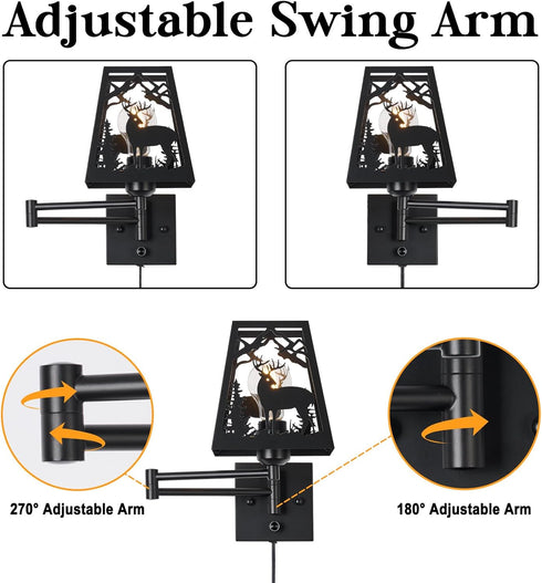 Dimmable Dimmer Rustic Plug in Deer Wall Sconces, Swing Arm Wall Lamp with Plug in Cord and On/Off Rotary Switch