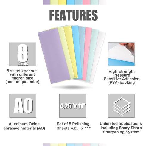 Lapping Microfinishing Film with PSA, Set of 8 Polishing Sheets 4.25’’ x 11’’ for Scary Sharp Sharpening System