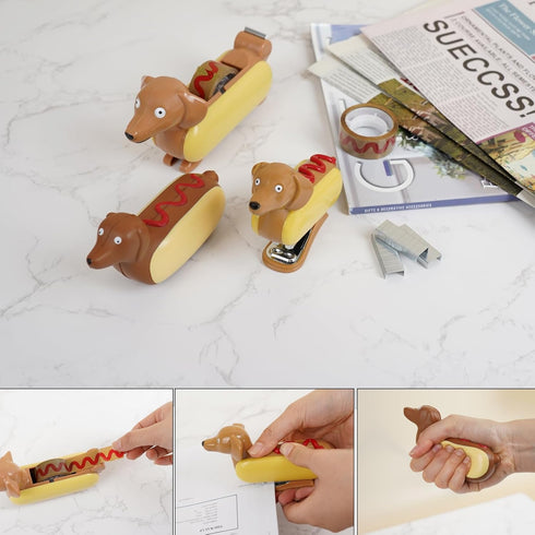 Yobro Desk Stapler Set, Office Supply Kit with Mini Stapler & Tape Dispenser, Dachshund Hot Dog Design with Squeezing