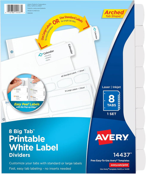 Avery Big Tab Printable White Label Dividers with Easy Peel, 8 Tabs, 1 Set (14437)