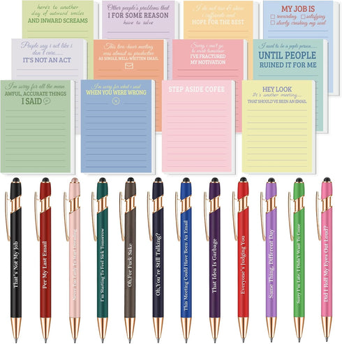 Snarky Funny Office Notepads Pens, 24 Pcs Negative Sarcastic Quotes Work Ballpoint Pens with Stylus Tip