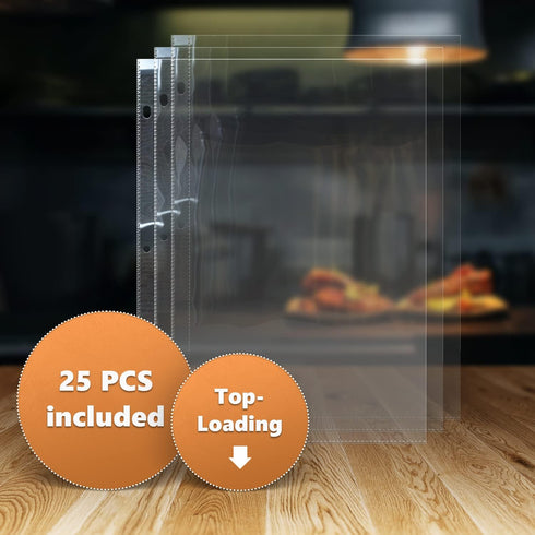Full Size 8.5x11'' Pack of 25 Recipe Sheet Protectors for Recipe Binder, Clear Plastic Sleeves