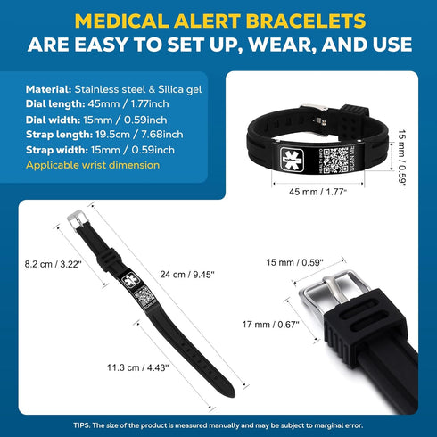8 inches Medical Bracelets for Men Women with QR Code Medical Alert ID Bracelets for Sport Travel - Silicone Waterproof