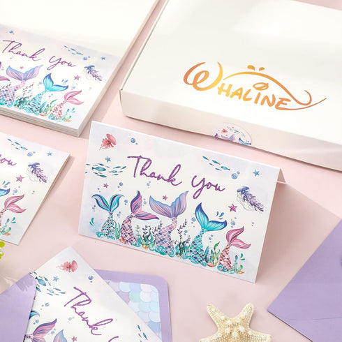 50 4 6 Inch Whaline Pcs Mermaid Thank You Cards Greeting Cards Purple Glitter Boxed Blank Note Card with Envelope