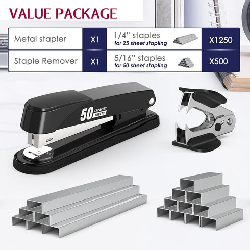 Metal Stapler Heavy Duty 50 Sheet Capacity with 1750 Staples and Staple Remover, Full Strip Staplers for Desk, No Jam, Non-slip Office Stapler with Staples for Office & Classroom, Black by Swihauk