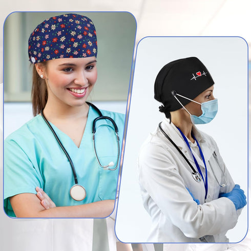 Heclia 2Pcs Scrub Caps Women, Nursing Hats with Buttons & Sweatband Adjustable Bouffant Working Cap Surgery Cap Women