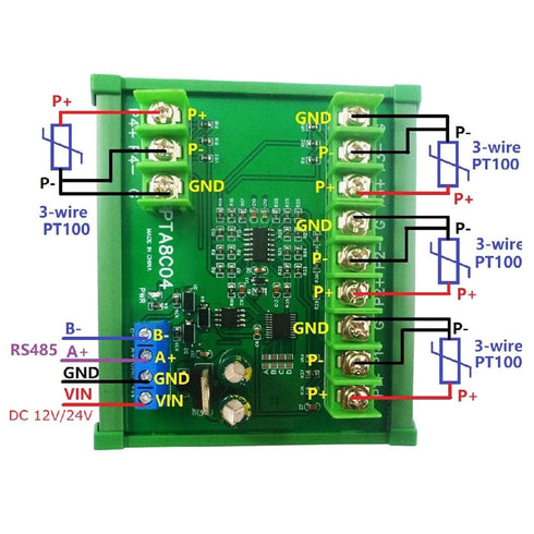 Temperature Sensor Module 4ch PT100 RTD RS485 Board, RTU Resistance Collector PTA8C04 with Rail Housing