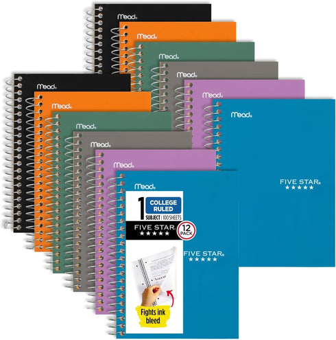 Five Star Personal Spiral Notebooks, 12 Pack, 1 Subject, College Ruled, 7" x 4-3/8", Small Size, 100 Sheets