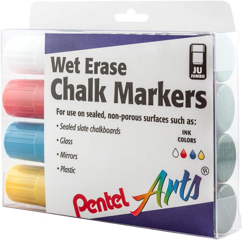 Set, 4-Pk (SMW56PC4M) Pentel Arts Wet Erase Chalk Marker Jumbo Tip, Assorted Plastic BOX