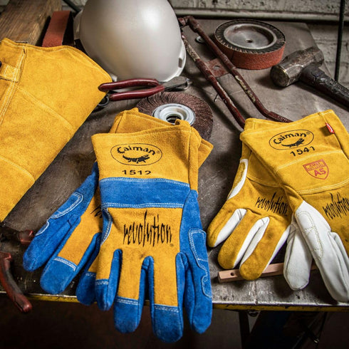 Caiman Premium Split Cowhide MIG/Stick Welding Gloves, Large Wool Lining, Blue/Gold