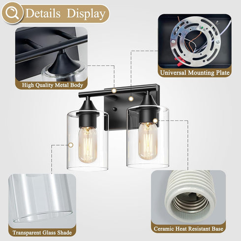 Fixtures,2-Light Vanity Lighting Bathroom Lights Over Mirror,Modern Sconces Wall Lighting with Clear Glass Shade,Light