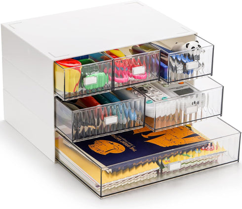 Hacaroa 3 Tier Mini Desk Organizer, 6 Drawers Plastic Storage Box, Stackable Makeup Organizer for Office, School,