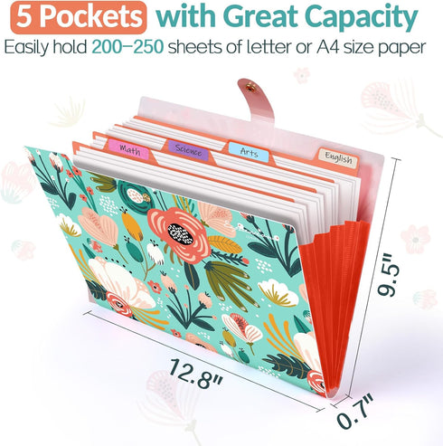Sooez Cute Accordion File Organizer, 5 Pocket Floral Aesthetic Travel Expanding File Folder with Labels, A4 Size for